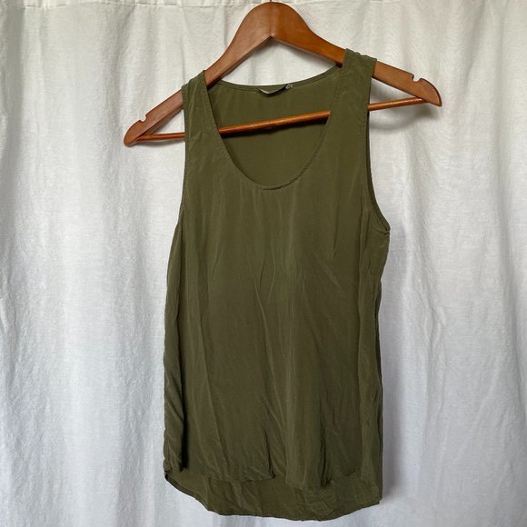 Grana Olive Green 100% Chinese Silk Scoop Neck Sleeveless Tank Top - Picture 2 of 7